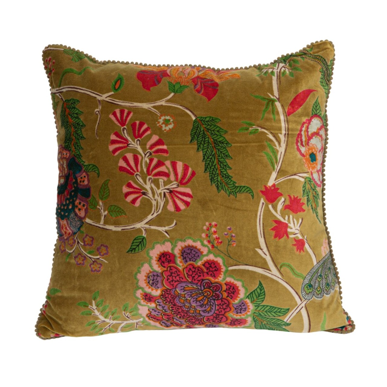 Hello Honey Cotton Blend Velvet Printed Pillow with Flowers and Mini Pom Pom Trim, Multicolor
